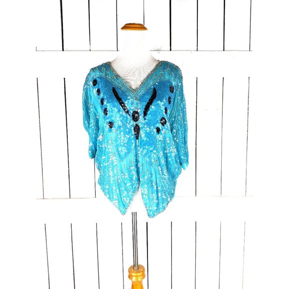 Vintage blue butterfly sequins beaded blouse top - Picture 1 of 9